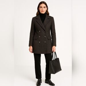 Jaeger Vintage Wool Double Breasted Tweed Pea Coat Gray Women's 6 Wooden Buttons